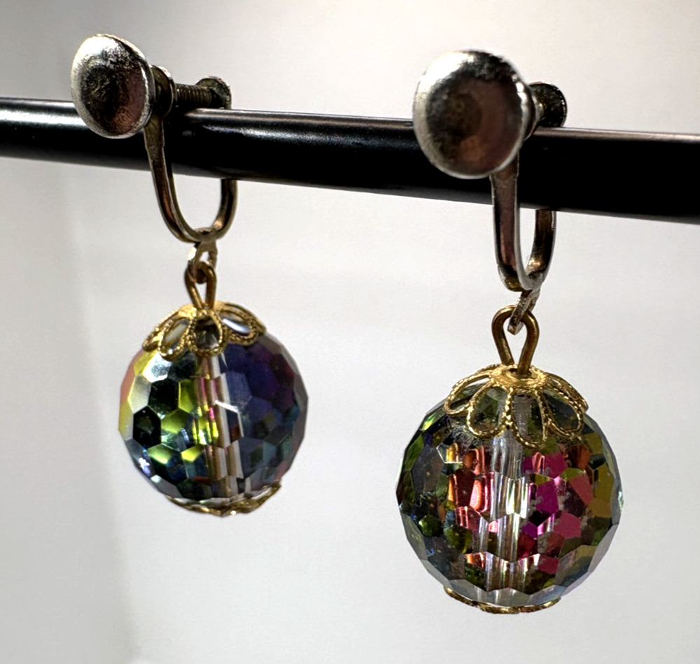 Vintage 1950s Aurora Borealis Faceted Glass Bead Dangle Screw Back Earrings